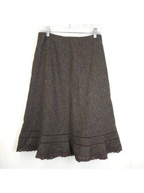 East 5th A-Line Skirt Women 8 Brown Tweed Midi Side Zip Lacey Trim Office Career